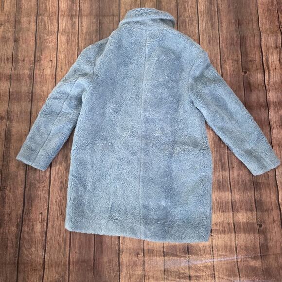 Zara Teddy Coat Womens S Blue Double Breasted Mid Length Faux Pockets Faux Fur - Picture 7 of 10